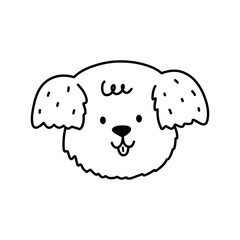 Cute dog face isolated on white background. Happy puppy. Vector hand-drawn illustration in doodle style. Perfect for decorations, cards, logo, various designs. Simple cartoon character.