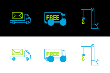 Set line Harbor port crane, Post truck and Free delivery service icon. Vector