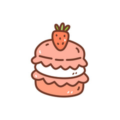 Strawberry macaroon isolated on white background. Cute dessert decorated with berries. Vector hand-drawn illustration in doodle style. Perfect for various designs, cards, decorations, logo, menu.