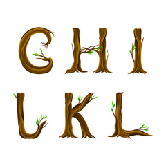 Forest Alphabet Arranged from Tree Trunk and Branches with Capital Letter Symbols Vector Set