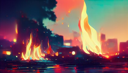City burning, fire illustration. Cartoon drawing of a city burning at dawn, dusk. Bright yellow and orange flames.