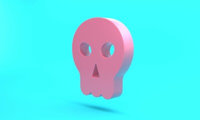 Pink Skull icon isolated on turquoise blue background. Happy Halloween party. Minimalism concept. 3D render illustration
