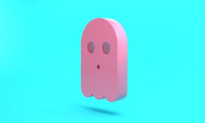 Pink Ghost icon isolated on turquoise blue background. Happy Halloween party. Minimalism concept. 3D render illustration