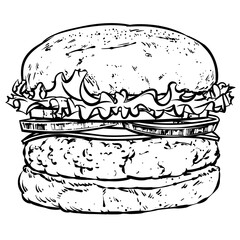 Black and white line art hamburger isolated on transparent background.