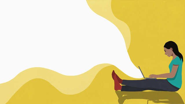 Woman with laptop social networking on yellow background
