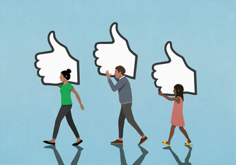 People carrying social media like buttons on blue background
