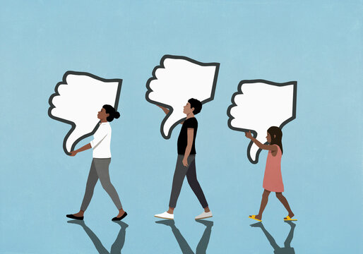 People carrying social media dislike buttons on blue background
