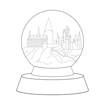 Line Hogwarts Castle In Snow Globe. Vector Illustration