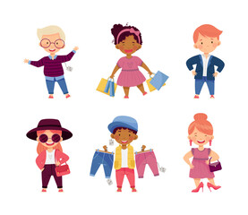 Fashionable Boy and Girl in Pretty Dress Shopping Trying New Clothing Vector Set