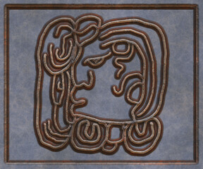 Glyphs- symbol hieroglyphic mayan. Coinage on metal- 3d illustration