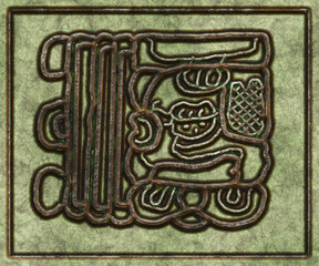 Glyphs- symbol hieroglyphic mayan. Coinage on metal- 3d illustration