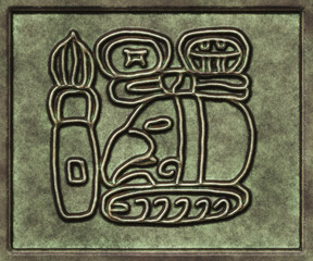 Glyphs- symbol hieroglyphic mayan. Coinage on metal- 3d illustration