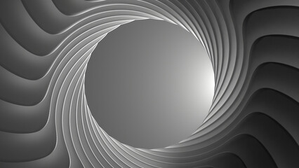 rendered simple-3D scene of circularly-arranged petals forming a shutter in grayscale