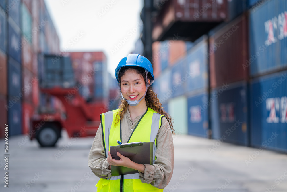 Poster Engineer container cargo checking stock into container for loading,logistic and business export.