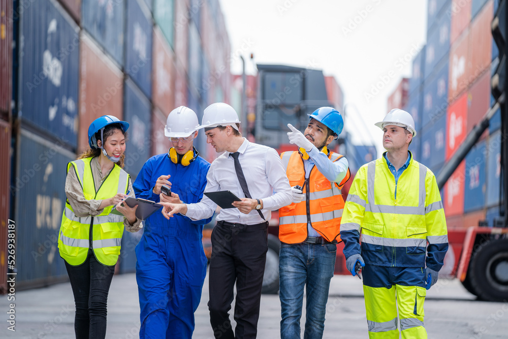 Aufkleber Industrial engineer and inspector or safety supervisor working in container terminal,Container in export and import business and logistics.