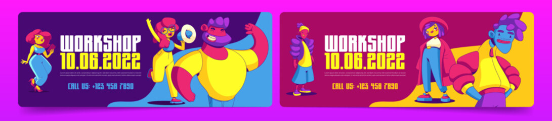 Set of workshop flyer templates vector design. Colorful contemporary art male and female characters posing in fashion clothes, taking selfie on smartphone, making announcement with loudspeaker
