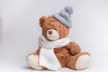 teddy bear with knitted scarf and hat on a white background, isolated