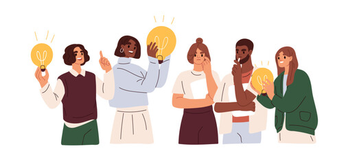 Brainstorm, idea discussion concept. Business team finding solution, thinking, sharing offers, lightbulbs. Creativity, creation process. Flat graphic vector illustration isolated on white background