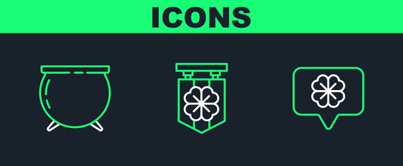 Set line Four leaf clover in speech bubble, Witch cauldron and Street signboard with four icon. Vector