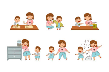 Sister with Her Little Brother Engaged in Different Activity Playing Together Vector Set