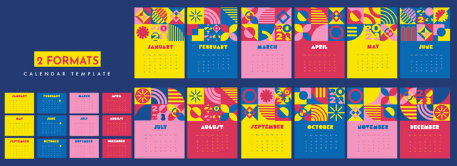 2 Formats Complete Set Of Colorful 2023 Yearly Calendar Template With Abstract Geometric Pattern.