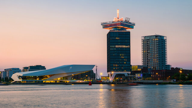 Amsterdam Netherlands September 2021, Sunset over the skyline of the old city, ADAM tower. The Adam tower is an 80-meter high tower a former Shell office