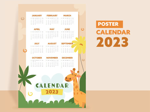 2023 Yearly Calendar Template Or Poster Design With Ziraffe Illustration.
