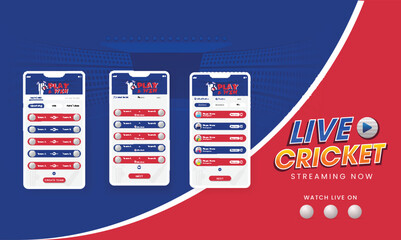 Live Cricket Streaming Mobile App UI On Blue And Red Stadium Background.