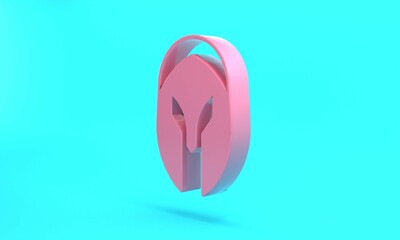 Pink Medieval iron helmet for head protection icon isolated on turquoise blue background. Knight helmet. Minimalism concept. 3D render illustration