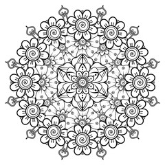 Circular pattern in form of mandala for Henna, Mehndi, tattoo, decoration. Decorative ornament in ethnic oriental style. Coloring book page.