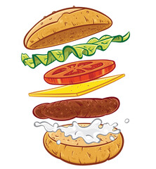 Hamburger with ingredients layered isolated on transparent background.