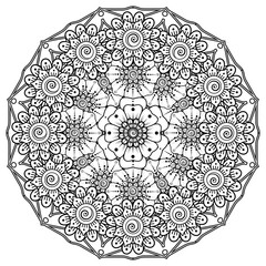 Circular pattern in form of mandala for Henna, Mehndi, tattoo, decoration. Decorative ornament in ethnic oriental style. Coloring book page.