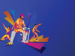 Faceless Cricket Players In Playing Pose With Trophy Cup And Copy Space On Blue Background.