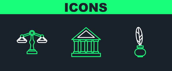 Set line Feather and inkwell, Scales of justice and Courthouse building icon. Vector