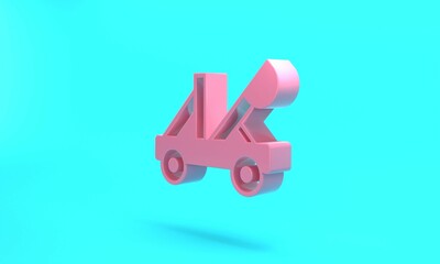 Pink Old medieval wooden catapult shooting stones icon isolated on turquoise blue background. Minimalism concept. 3D render illustration