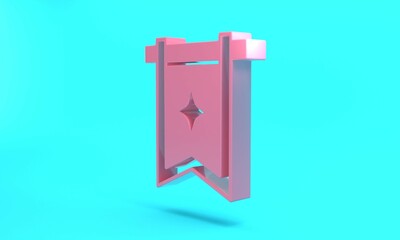 Pink Medieval flag icon isolated on turquoise blue background. Country, state, or territory ruled by a king or queen. Minimalism concept. 3D render illustration