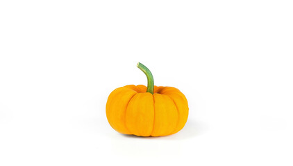 Orange pumpkin side view on a white background. Beautiful thanksgiving pumpkin with copy space. Pumpkin as an important source of vitamins and minerals. The concept of healthy eating for vegetarians.