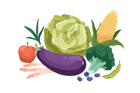 Healthy natural food. Organic vegetables, fruit composition. Vegetarian eating. Different vitamin veggies of cabbage, eggplant, broccoli and corn. Flat vector illustration isolated on white background