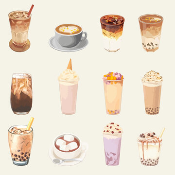 Set of coffee drinks for cafe or coffeehouse menu. Watercolor vector illustration