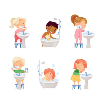 Little Kids Taking Bath, Washing Face and Brushing Teeth in Bathroom Vector Set