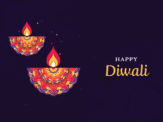 Happy Diwali Celebration Concept With Paper Cut Lit Oil Lamps (Diya) On Purple Mandala Pattern Background.