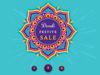 Diwali Festival Sale Poster Design With Mandala Frame And Burning Oil Lamps (Diya) on Blue Background.