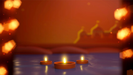 Illuminated Tealight Candles With Blurred Ayodhya View Or Temple On Dark Orange And Violet Light Effect Background.