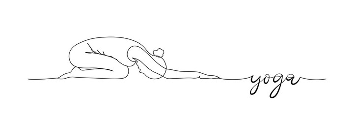 Vector banner with woman doing yoga exercise, yoga child&rsquo;s pose. Outline drawing