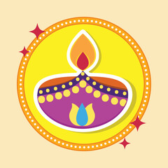 Isolated Sticker Style Burning Diya (Oil Lamp) Icon Or Symbol Against Yellow Background.