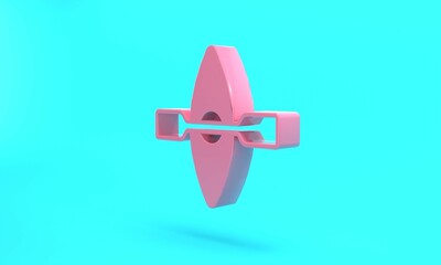Pink Kayak and paddle icon isolated on turquoise blue background. Kayak and canoe for fishing and tourism. Outdoor activities. Minimalism concept. 3D render illustration