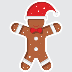 Brown Color Gingerbread Wearing Santa Cap Icon In Flat Style.