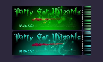 Tickets for wizards party, cartoon pass coupon templates with magic wands, witch sticks with glowing colorful haze and sparkle trails, fantasy witch magician fairytale rods, Vector illustration