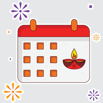 Diwali Calendar Over Fireworks Grey Background In Sticker Style.