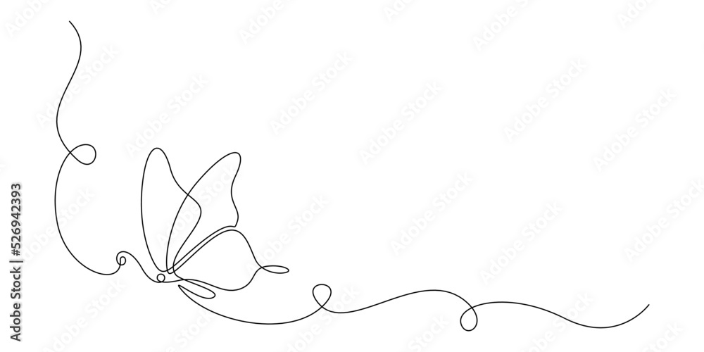 Poster butterfly in one continuous line drawing. beautiful flying moth for wellbeing beauty or spa salon lo